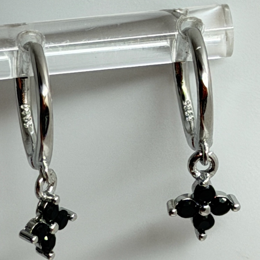 925 Sterling Silver Hoop Earrings with Black Gem Cross Drops